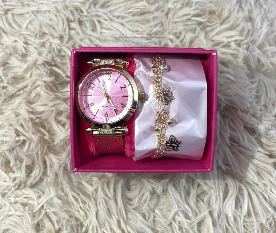 Kit Relógio Rosa E Pulseira Dourada