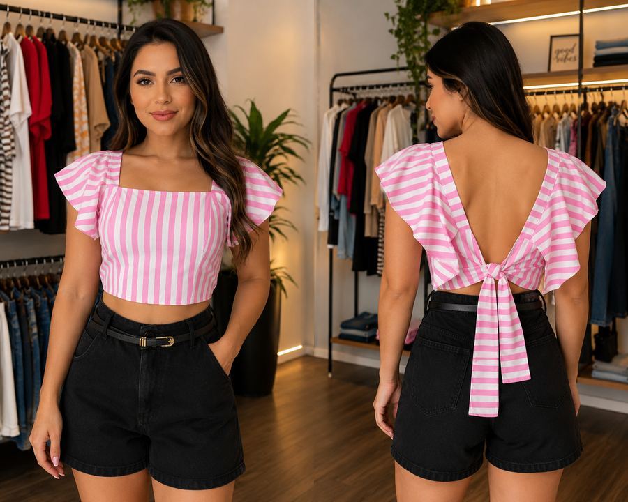 Cropped Feminino Listrado Rosa Manga Babado Costas Abertas