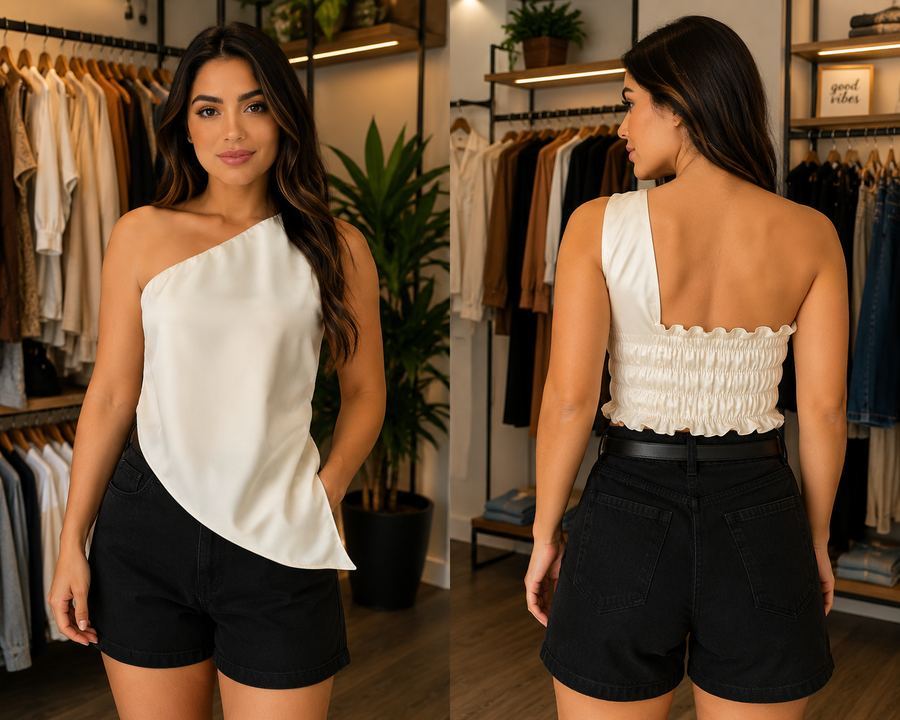 Blusa Feminina um Ombro só Branca Assimétrica