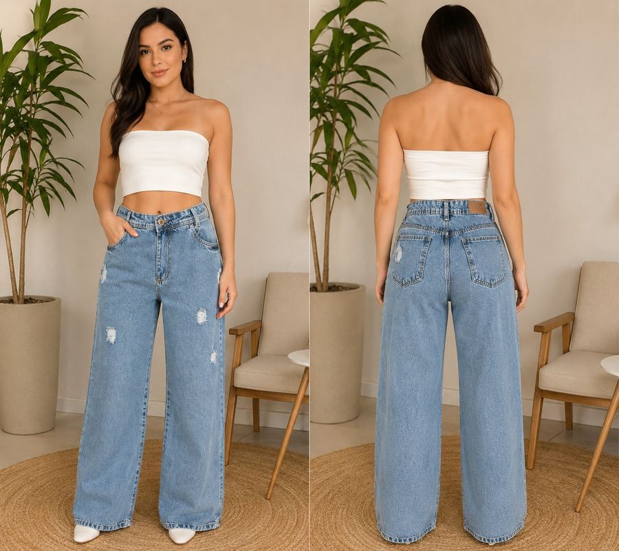 Calça Jeans Feminina Wide Leg Clara Destroyed