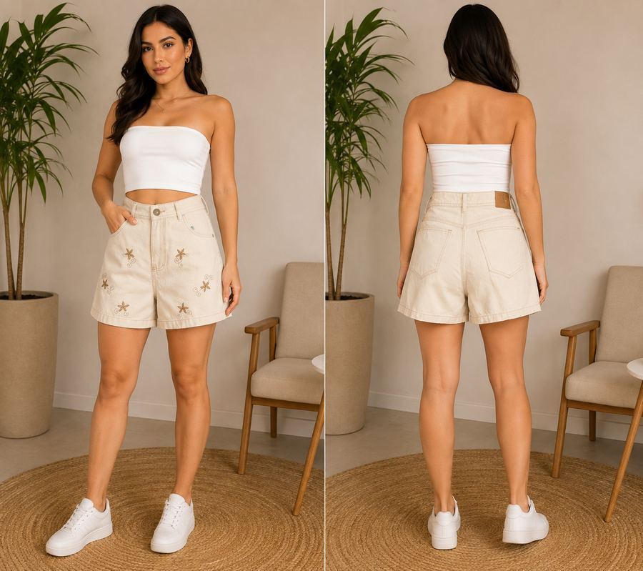 Short Jeans Feminino off white bordado