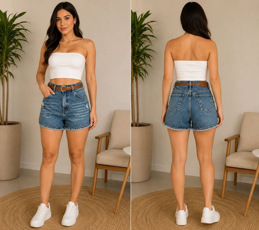 Shorts Jeans Feminino médio com cinto