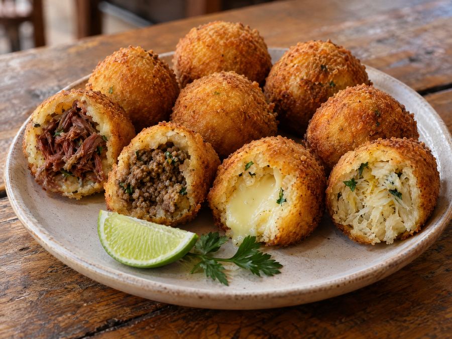 10 bolinhos (charque, carne, queijo ou bacalhau)